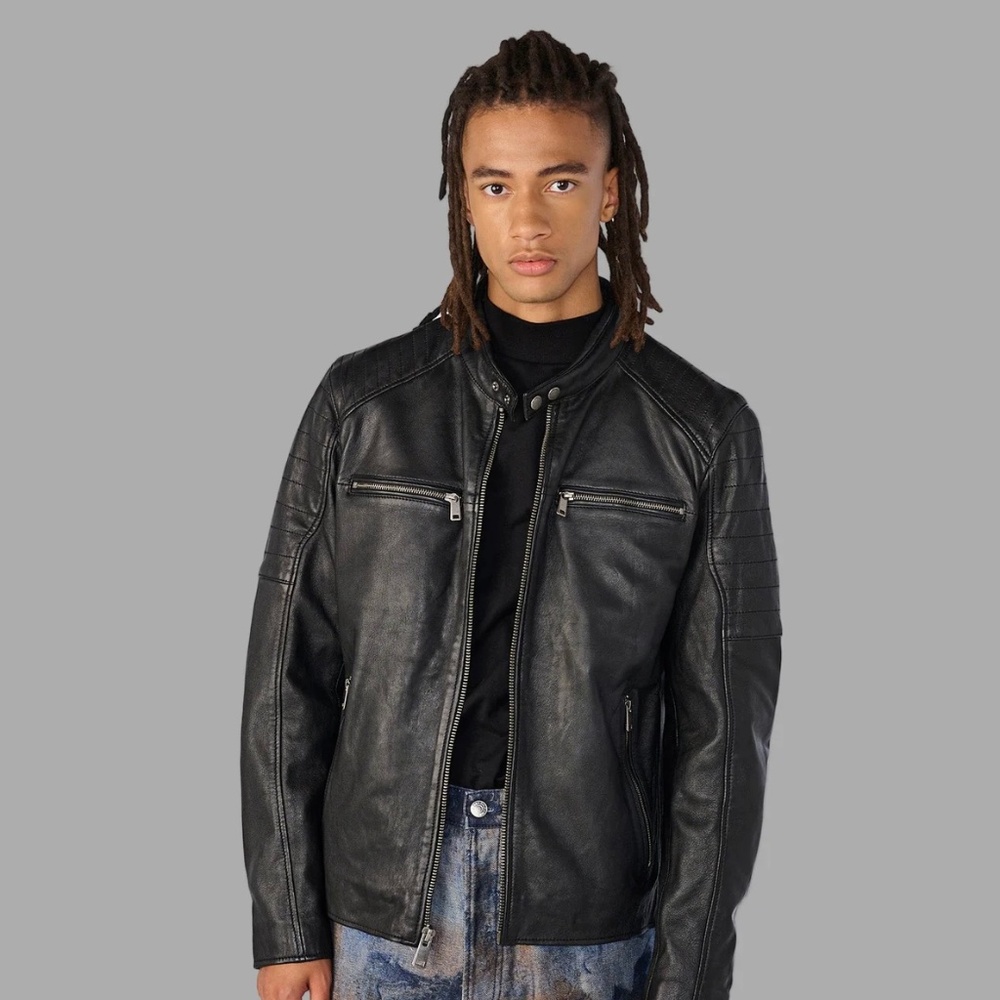 Lance Collarless Leather Moto Jacket